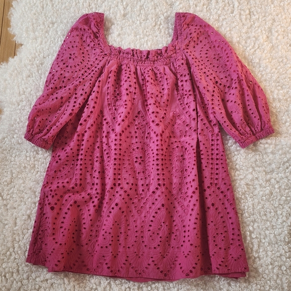 Reitmans Cotton Sz 1X Eyelet Dress Square Neck Fushia  Puff Sleeve Sundress - Picture 3 of 9